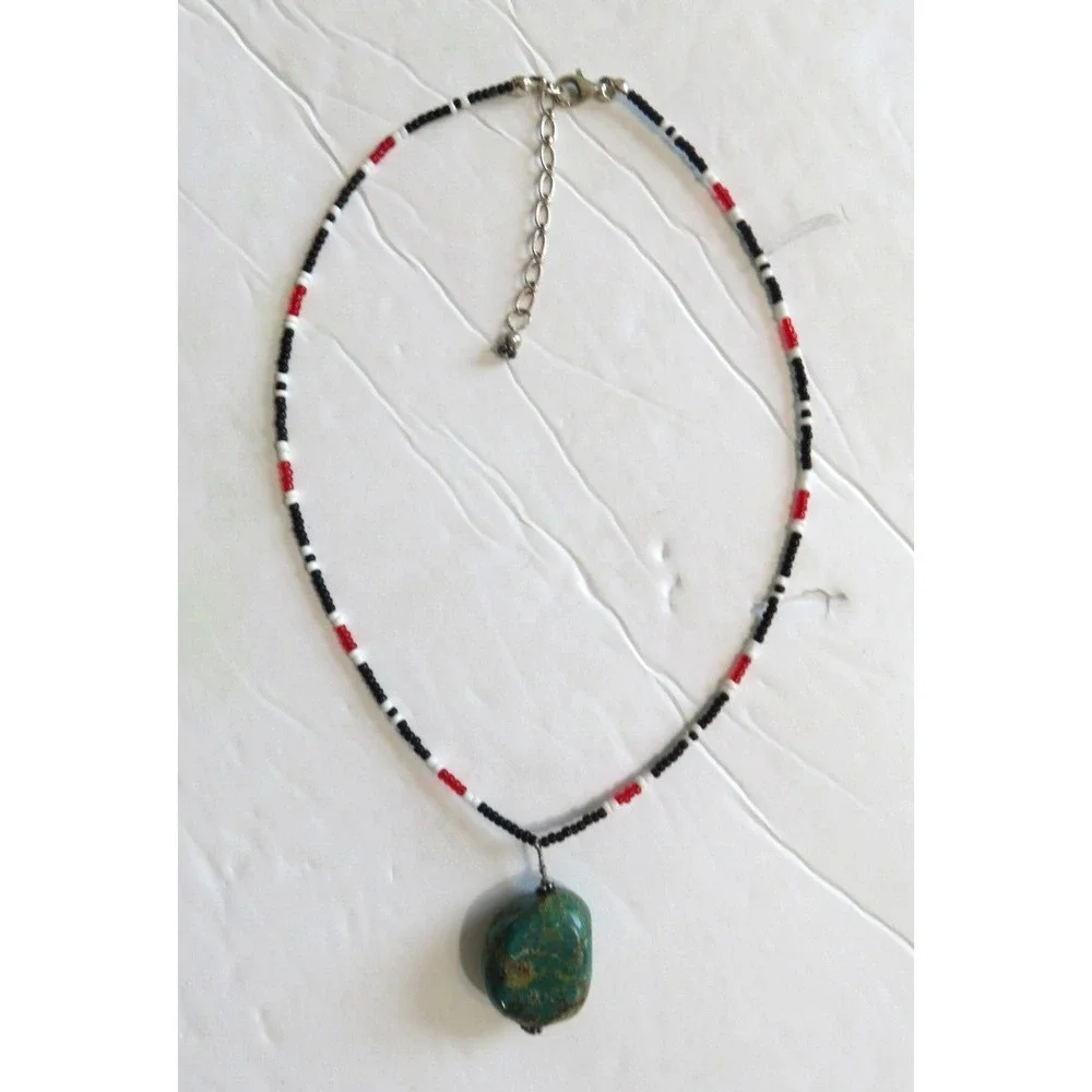 Vintage Southwestern Chunky Turquoise Pendant Coral Onyx Seed Bead‎ 18